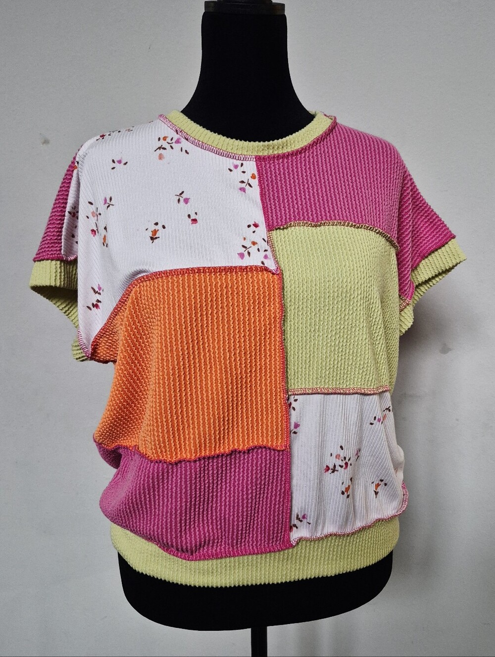 LOVELY MELODY Oversize Patchwork Short Sleeve Top - Pink, Orange, Lime Sz Small